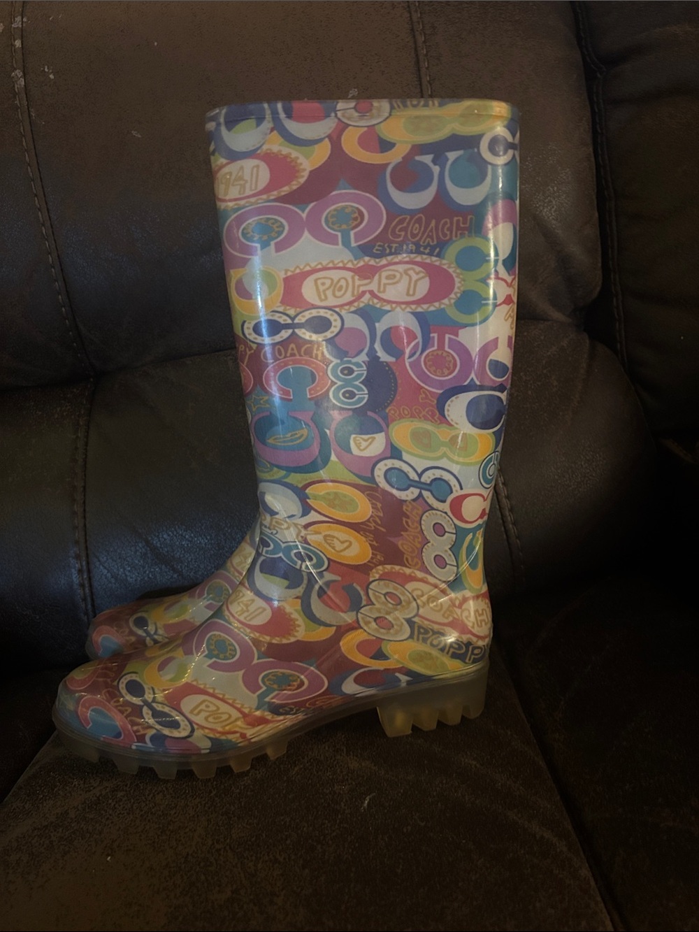 Coach Multicolor Logo-Print Rain Boots in Pink, Blue, Yellow